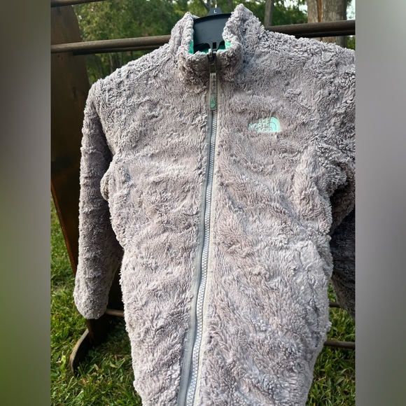 North Face Girls 8-10 Jacket Coat Gray Plush Fleece/Aqua Zipper & Pockets - Picture 2 of 15
